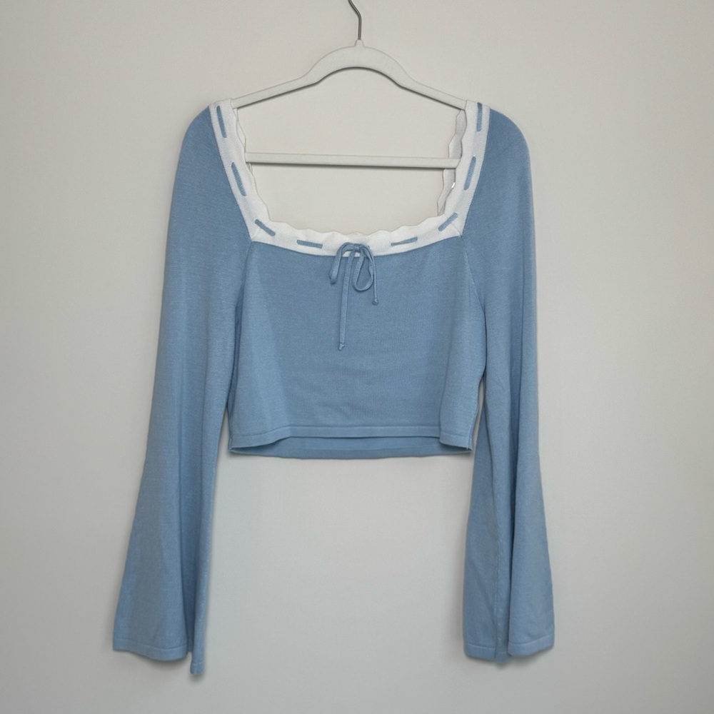 Dee Elly Blue Knit Cropped Top XL White Scallop Trim Cottagecore Style